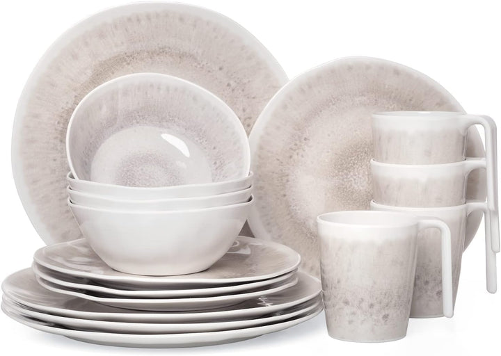 Melamin Camping Geschirr Set 4 Personen Amboss Design 16 Teilig + Milano Gläser Champagner-Gläser Fl