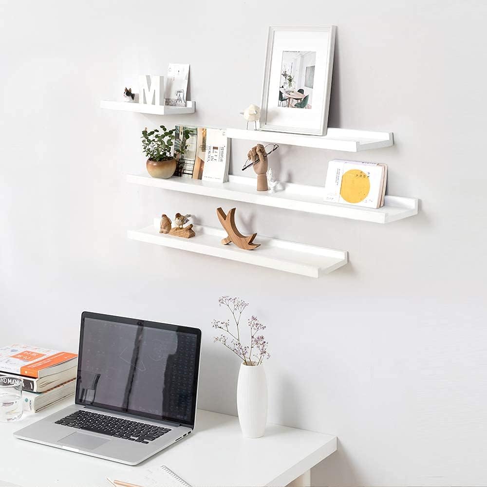 Wandregal Weiss, 40CM Bilderleiste Weiss massives Eichenholz Regal weiss Schweberegal für Fotorahmen
