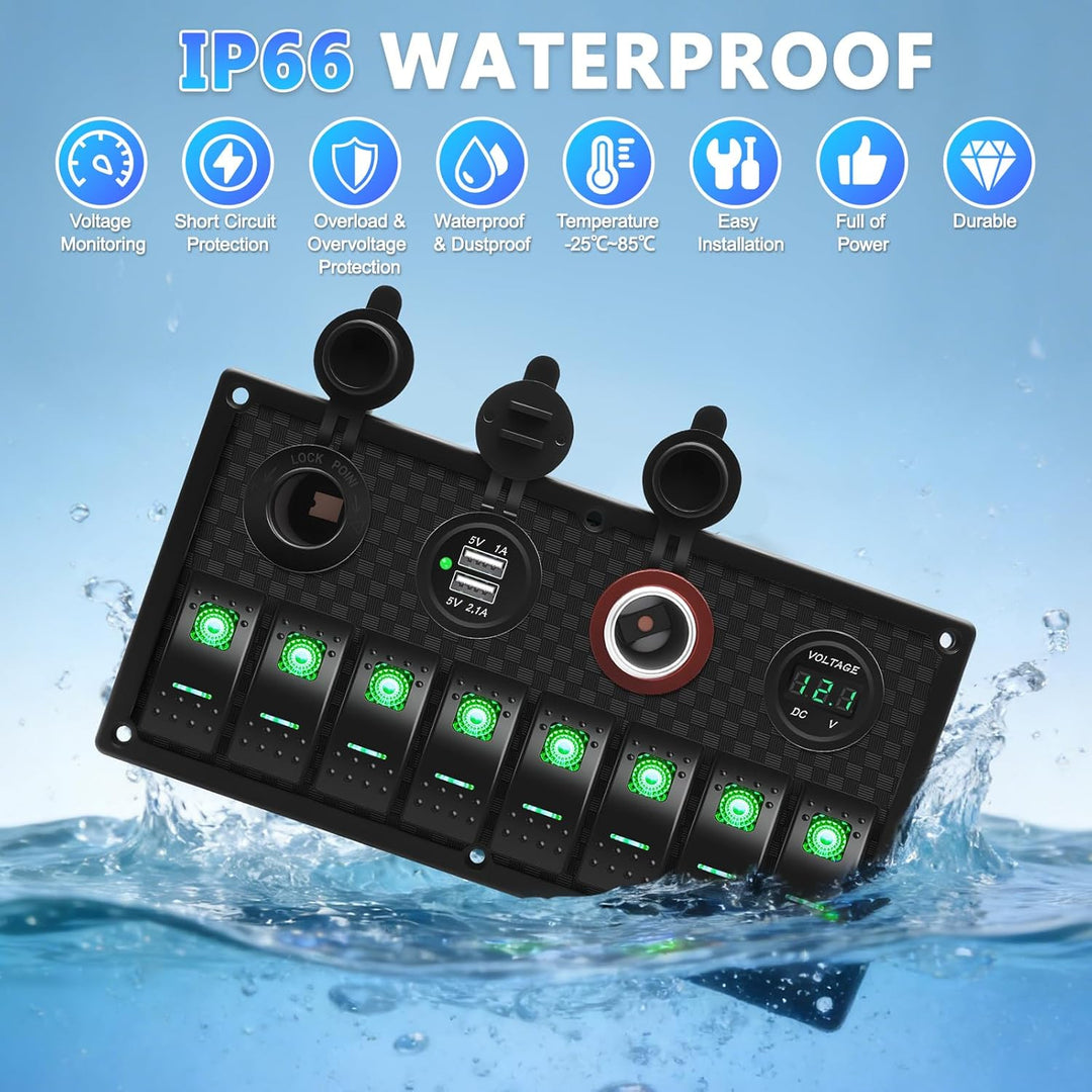 Geloo 8 Gang LED Toggle Rocker Switch Panel, 12V/24V Digital Voltage Display Dual USB Charger Port W
