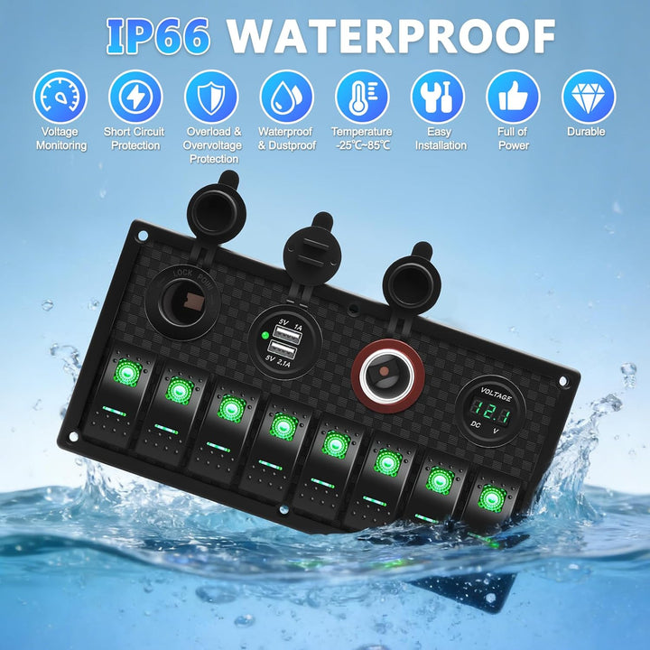 Geloo 8 Gang LED Toggle Rocker Switch Panel, 12V/24V Digital Voltage Display Dual USB Charger Port W