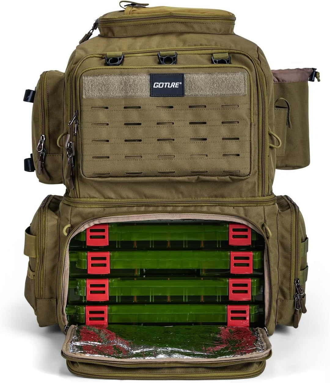 Goture Angelrucksack mit 4 Köderbox Angeln, 53-Liter Angelzubehör-Rucksack mit Zwei Rutenhaltern und