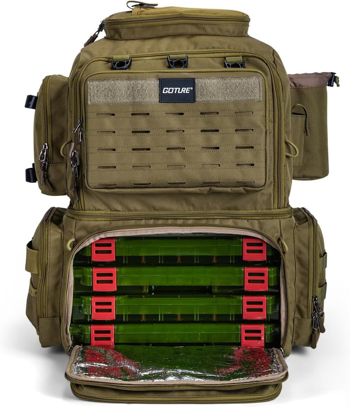 Goture Angelrucksack mit 4 Köderbox Angeln, 53-Liter Angelzubehör-Rucksack mit Zwei Rutenhaltern und