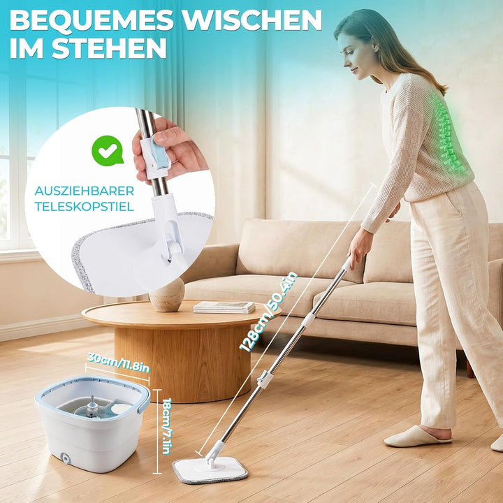 Wischmopp Set mit Eimer, Flachmopp mit Doppelkammer-System zur Trennung von Schmutz- und Frischwasse
