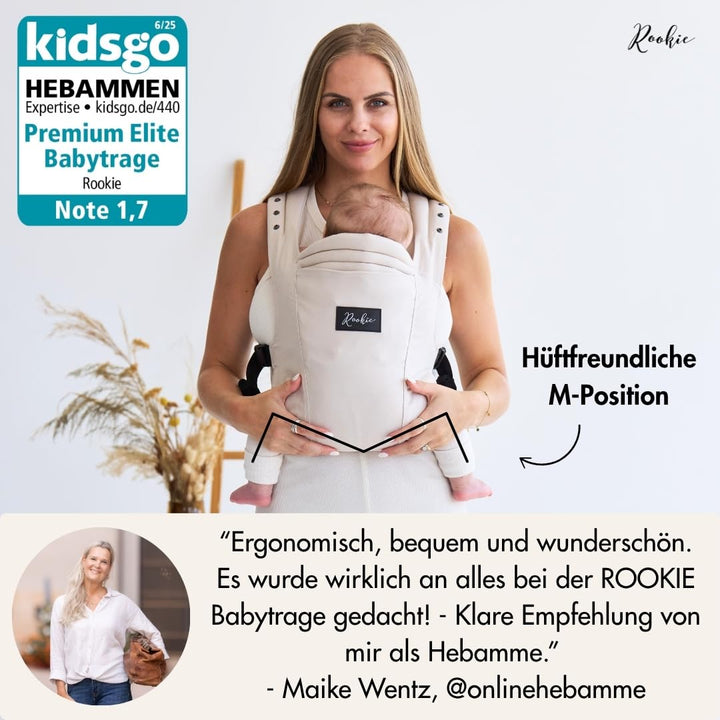 Rookie Babytrage ab Geburt - Ergonomisch, Bequem, Bio-Stoffe - Premium Elite Design - Baby Trage sch