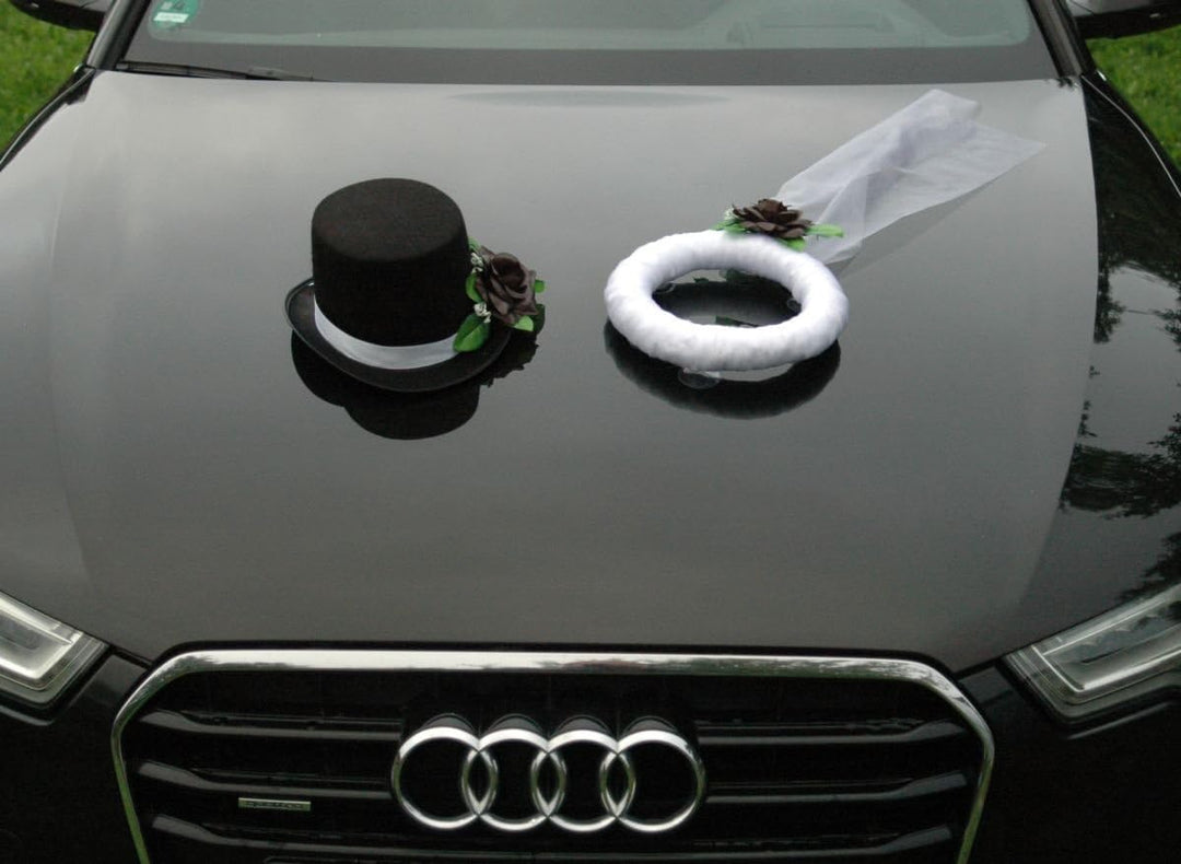 Schleier UND Hut Autoschmuck Rose Car Dekoration Hochzeit Wedding ®Auto-schmuck (Schwarz), Schwarz