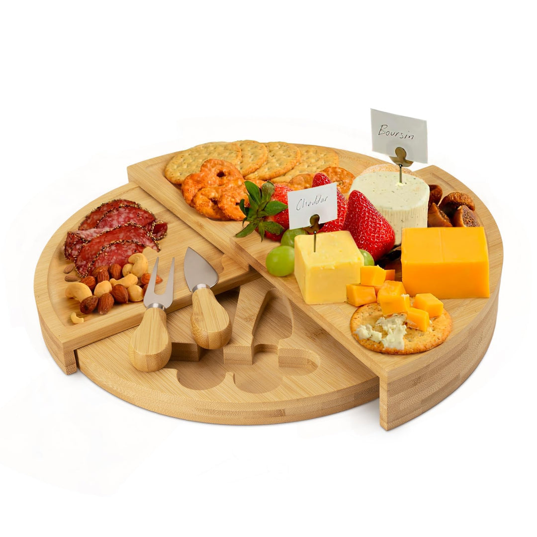 Bambus Käsebrett Set Runde Charcuterie Board, Käseplatte Gross Pizzateller Snackplatte Tortenplatte