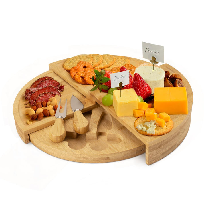 Bambus Käsebrett Set Runde Charcuterie Board, Käseplatte Gross Pizzateller Snackplatte Tortenplatte