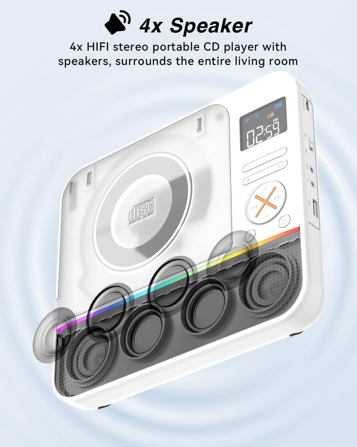 MONODEAL 2026 CD Player Tragbar mit RGB-Licht,HiFi-Stereoanlage Tragbarer CD Player Bluetooth, Wiede