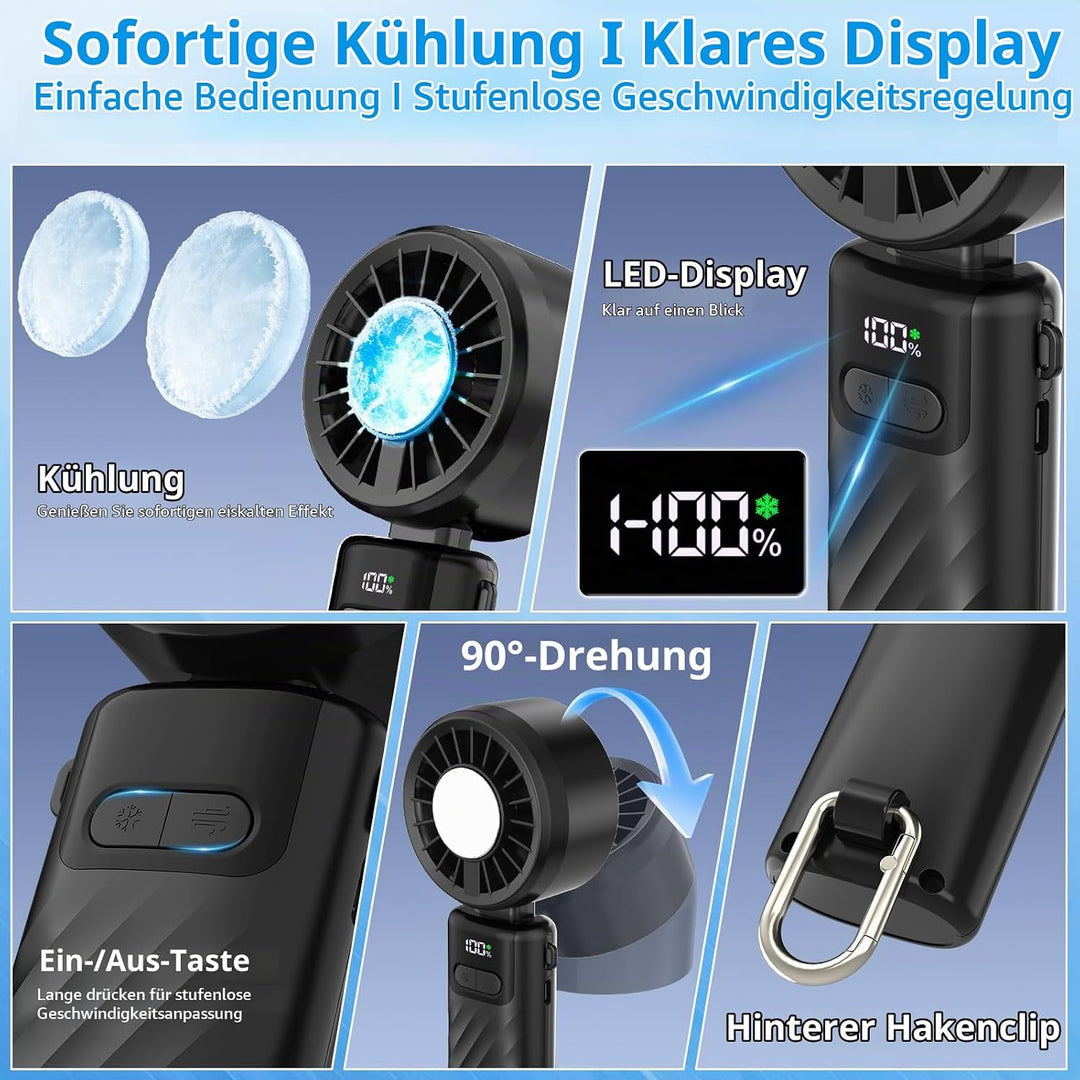 ELZO Tragbarer Turbo Handventilator mit Kühlfunktion,5000mAh Aufladbar 4 in 1 mini Ventilatoren,24H