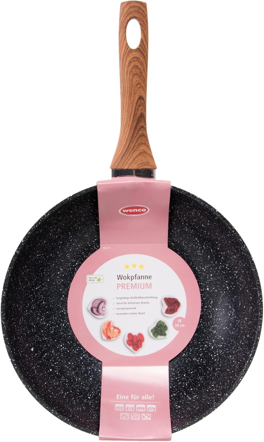 Wenco Wok-Pfanne, Ø 28 cm, Induktionsgeeignet, Aluminium mit PFOA-freier Antihaftbeschichtung, Schwa