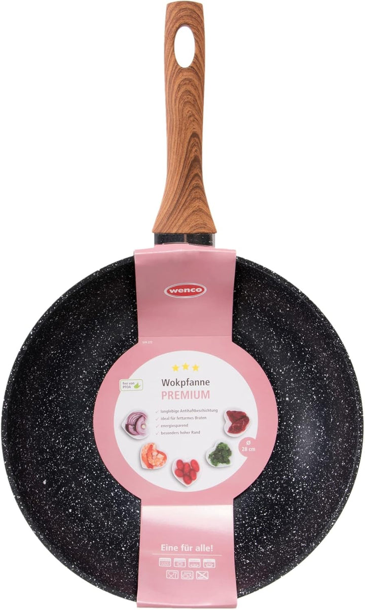 Wenco Wok-Pfanne, Ø 28 cm, Induktionsgeeignet, Aluminium mit PFOA-freier Antihaftbeschichtung, Schwa