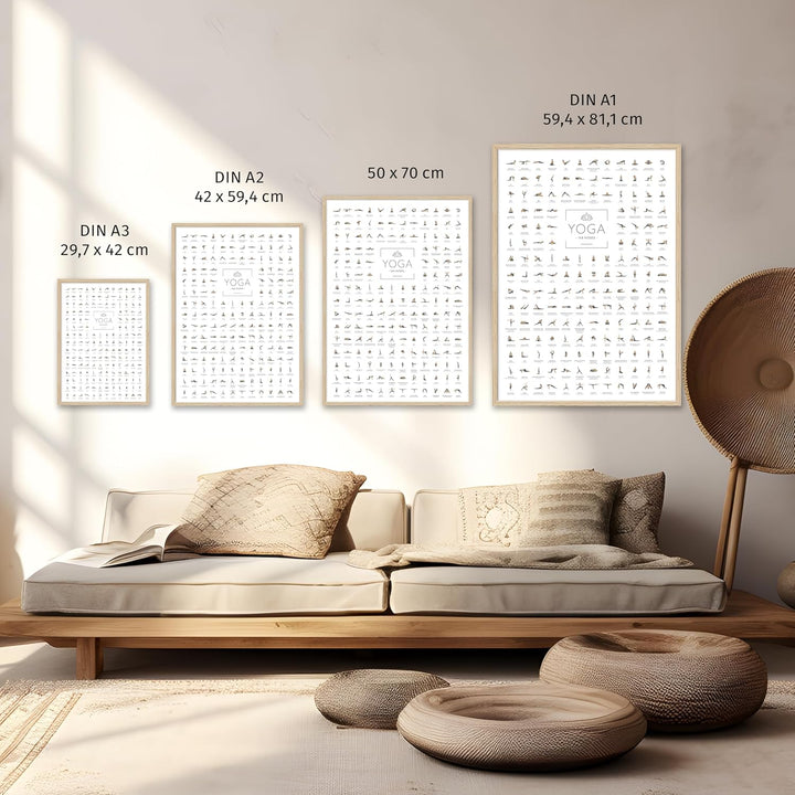 JUNOMI® Yoga Poster DIN A2 mit Rahmen Farbe Eiche, Yoga Zubehör für Studios und Übungen Zuhause, per