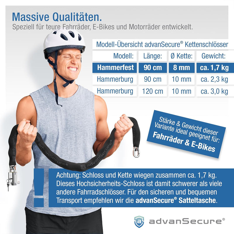 advanSecure® Hochsicherheits-Kettenschloss | optimal für Fahrrad und E-Bike | Sicherheitsstufe 8/10
