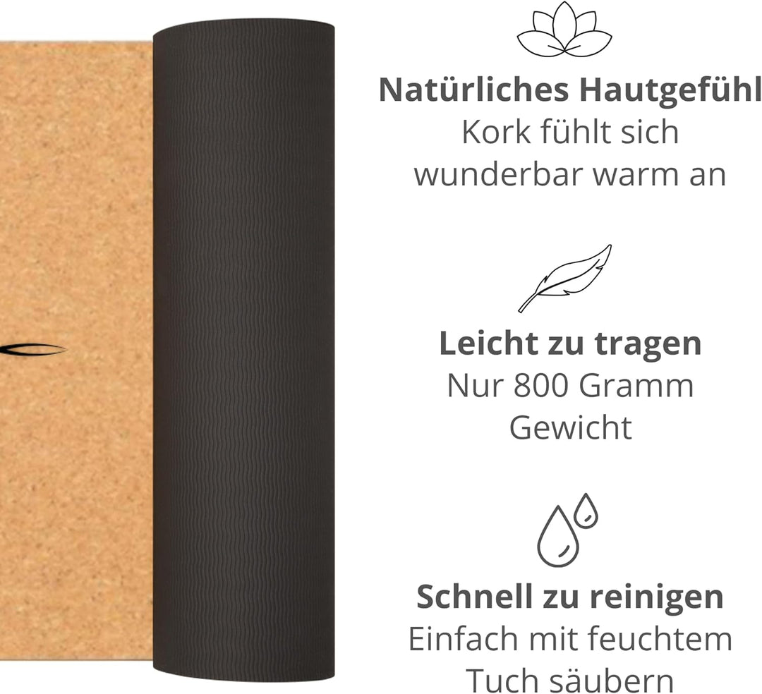 Mosswell Premium Kork-Yogamatte (4mm dick) - Rutschfeste Fitnessmatte mit Hilfslinien - Pilatesmatte