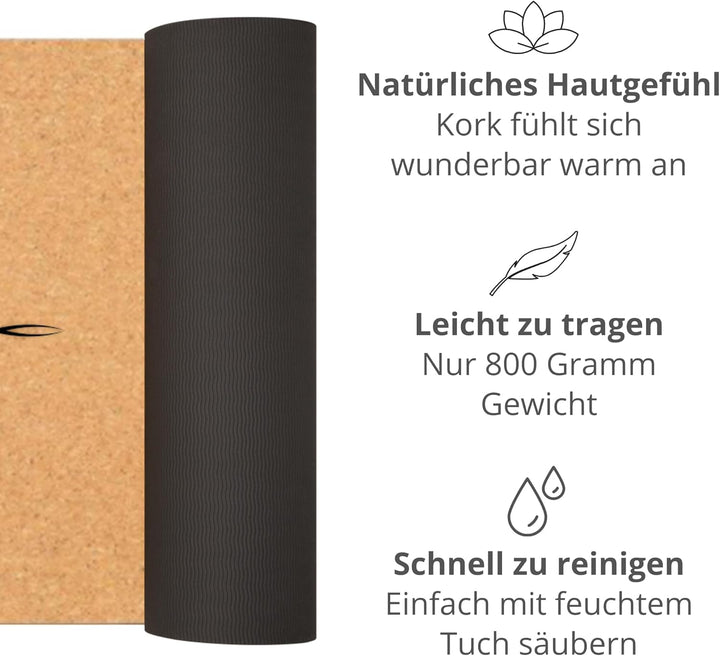 Mosswell Premium Kork-Yogamatte (4mm dick) - Rutschfeste Fitnessmatte mit Hilfslinien - Pilatesmatte