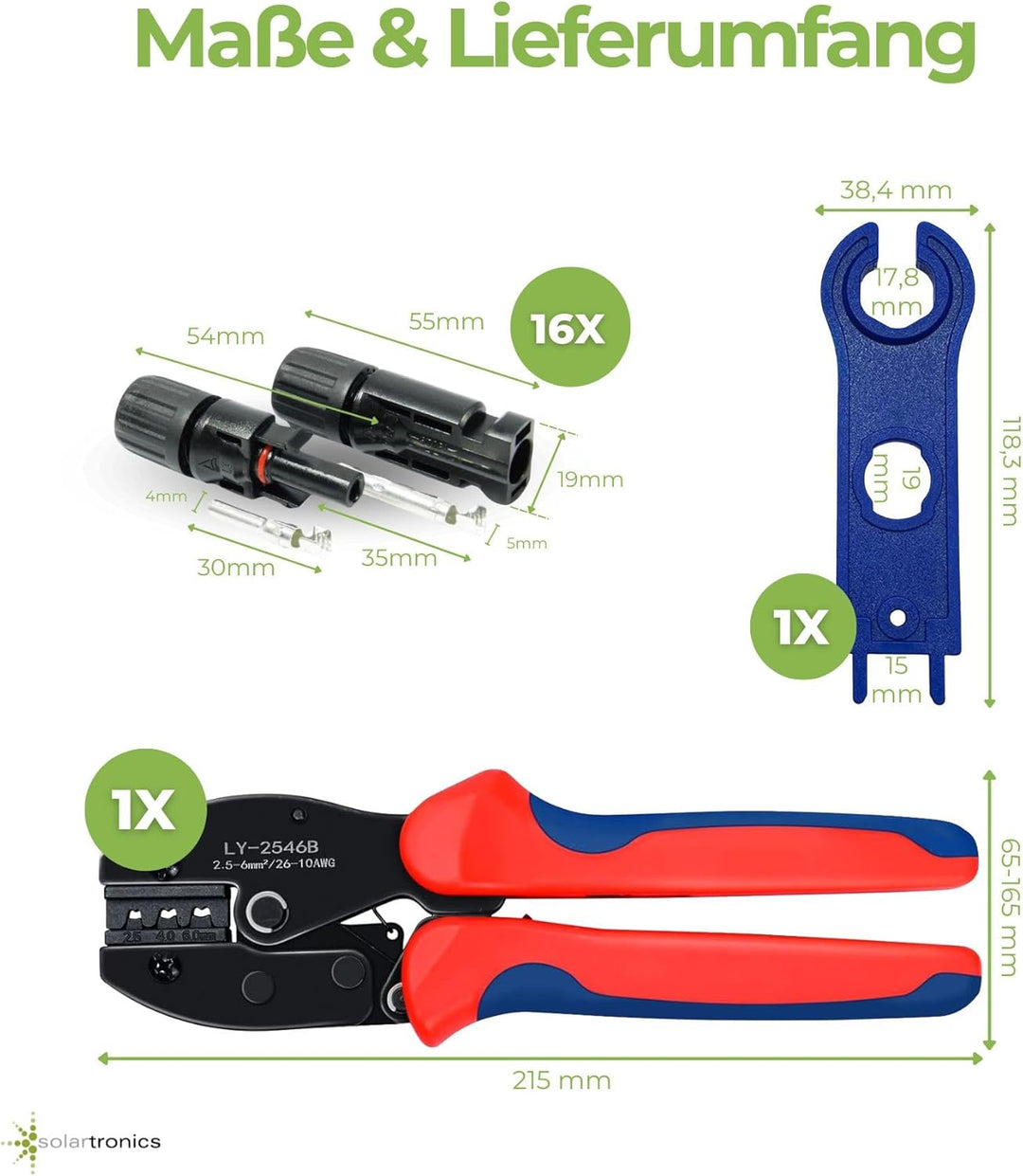 SOLARTRONICS Crimpzangenset für 2,5 4 6mm² Solarkabel,16 Paar Männlich/Weiblich Solarstecker, Solar-