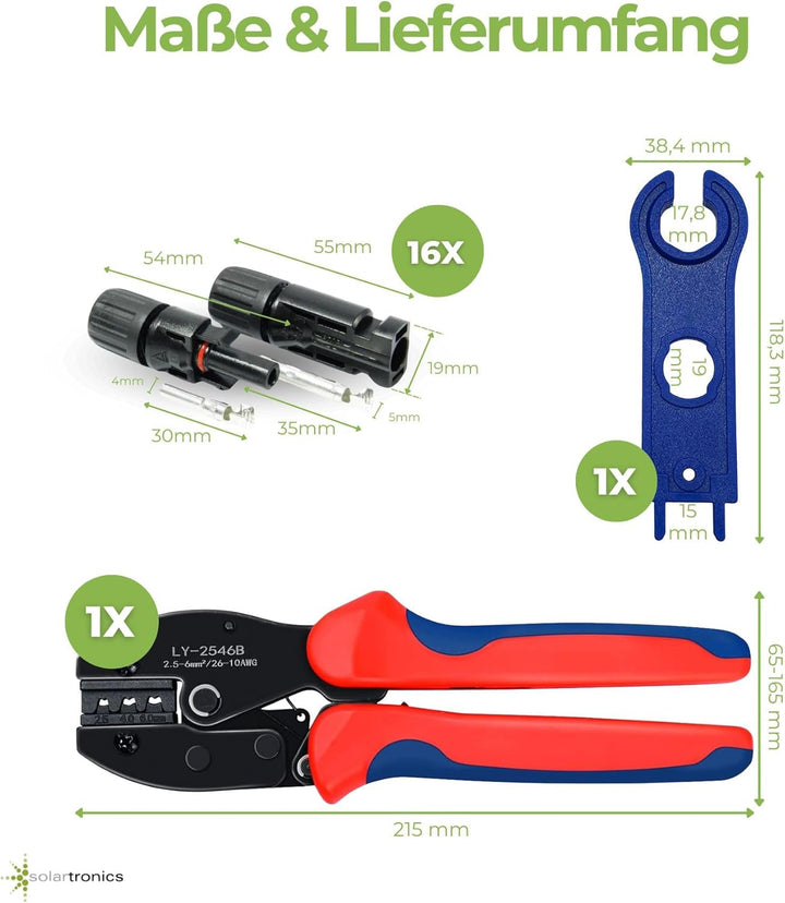 SOLARTRONICS Crimpzangenset für 2,5 4 6mm² Solarkabel,16 Paar Männlich/Weiblich Solarstecker, Solar-