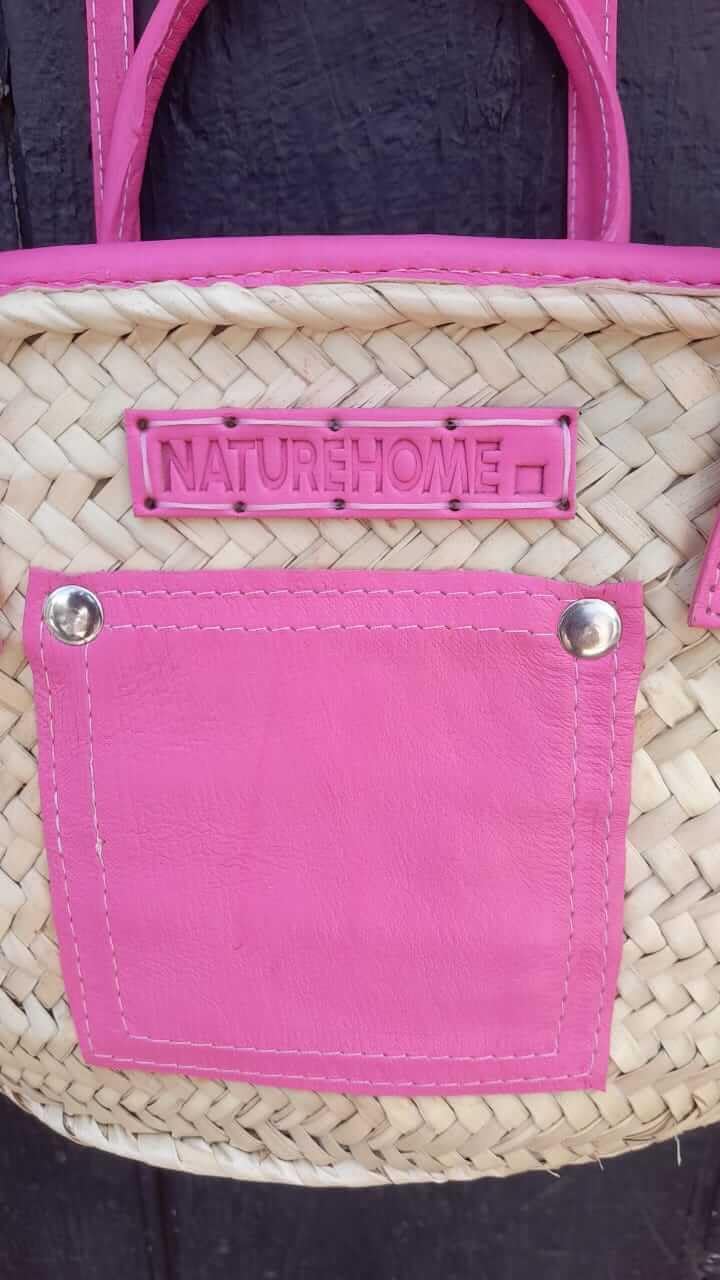 NATUREHOME Eleganz: Nachhaltige Palmblatt-Tasche mit stilvollen Pinken Leder-Highlights 37x12x16cm,
