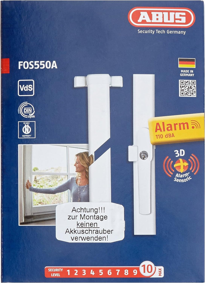 ABUS Fenster-Stangenschloss FOS550A AL0125 - Zusatzsicherung mit Druckzylinder und Alarmfunktion, gl