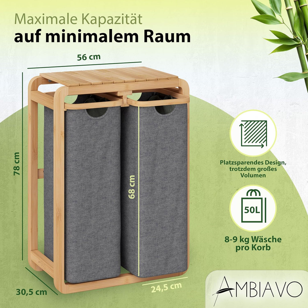 Wäschekorb 2 Fächer grau 100 L – Platzsparendes Design – 50L pro Fach - Stabile Bambuskonstruktion –