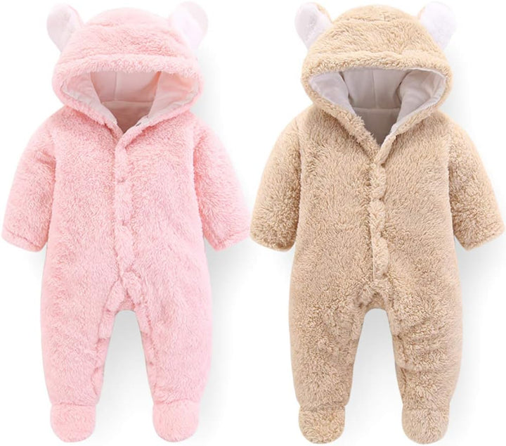 Neugeborene Baby Cartoon Bär Schneeanzug Wintermantel Fleece Kapuze Strampler Jumpsuit Khaki 6-9 Mon