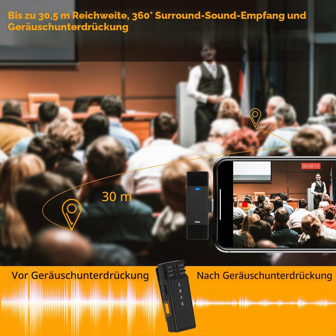 AURTEC Kabelloses Lavalier-Mikrofon mit Ladekoffer für Typ-C/USB-C-Telefone, 2er Set, Plug & Play, 3