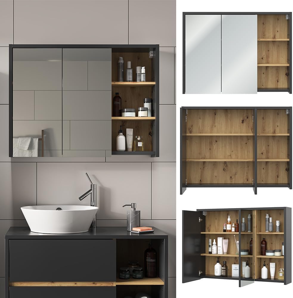 Vicco Badspiegelschrank Viola, Anthrazit/Eiche, 100 x 75 cm, Artisan-eiche