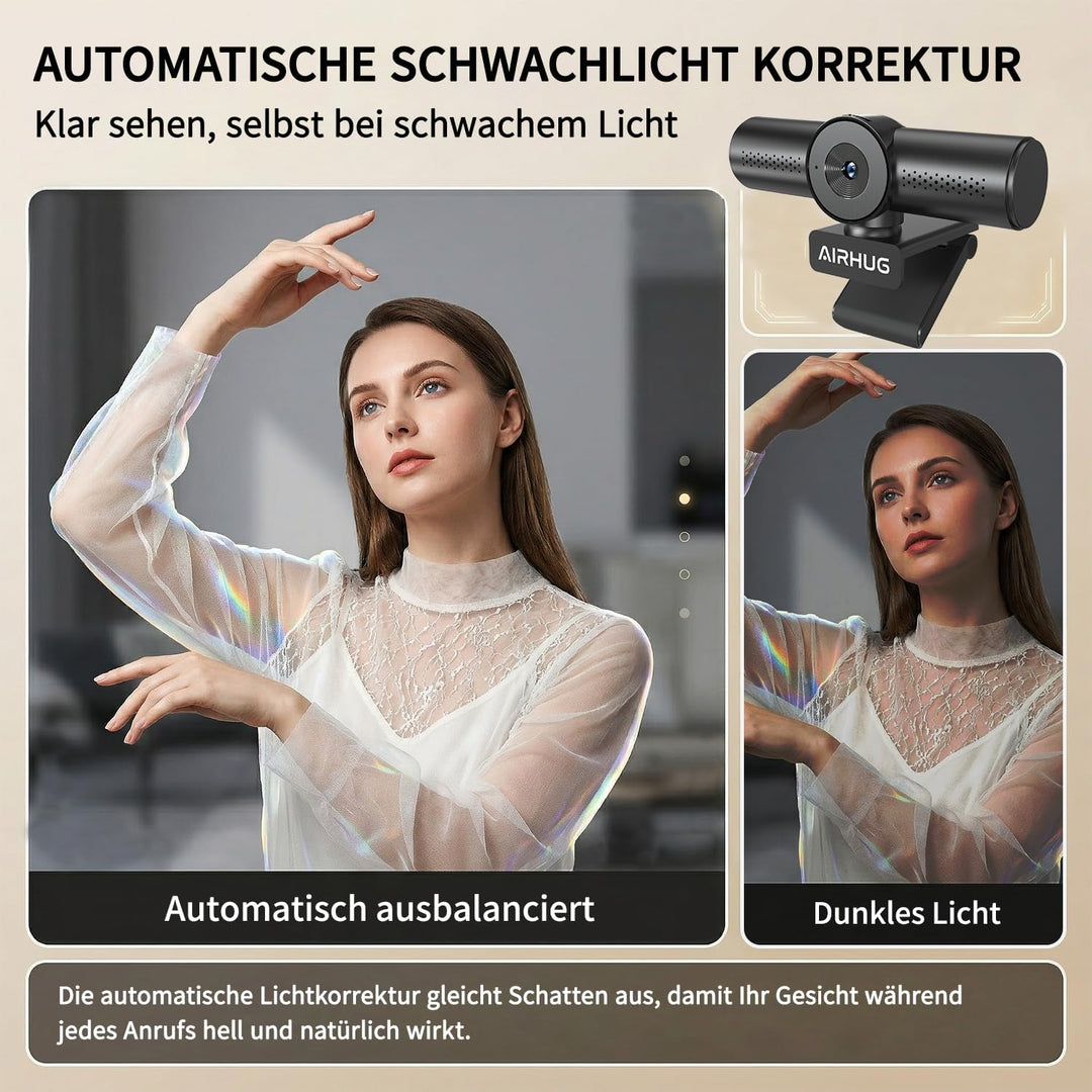 AIRHUG 4K 30fps Webcam-Sony 16MP Sensor,PDAF Autofokus,Auto-Lichtkorrektur,Zwei omnidirektionale Mik