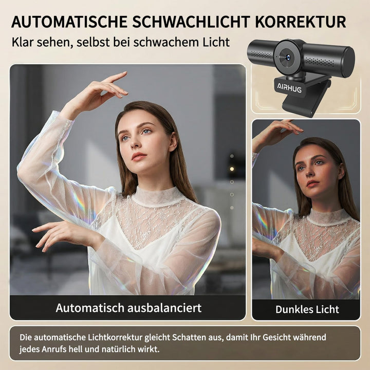 AIRHUG 4K 30fps Webcam-Sony 16MP Sensor,PDAF Autofokus,Auto-Lichtkorrektur,Zwei omnidirektionale Mik
