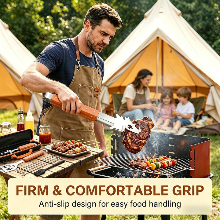 7-in-1 Grillbesteck Set 9-TLG Edelstahl mit Holzgriff Eingebaute Grillspachtel Set Funktion, Kreativ