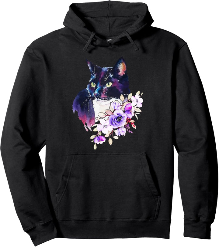 Katze mit Blumen, Aquarell-Look Pullover Hoodie