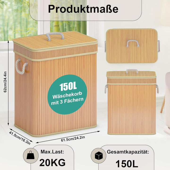 AdelDream Wäschekorb 150L Bambusoptik mit Deckel & Griffen, 3-Fach Wäschesammler Faltbar, Wäschebox