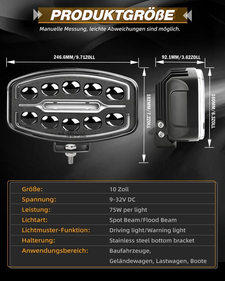 CO LIGHT 2PCS10 Zoll Led Fernscheinwerfer 12/24V,150W LKW LED Arbeitsscheinwerfer 12V ECE Weiss Ambe
