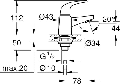 GROHE Start Curve - Standventil (wassersparend, 1/2", XS Size), chrom, 20576000 Waschtischbatterie X