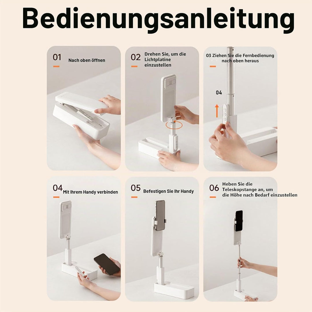 Ausziehbarer Selfie Ständer, mit LED Licht mit 5 Helligkeiten, um 360° Drehbarer, Wiederaufladbarer