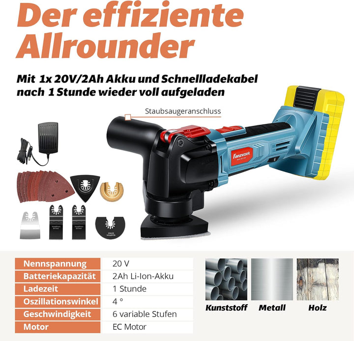 FANZTOOL 20V Akku Multifunktionswerkzeug mit EC-Motor, 3.2° Oszillationswinkel, LED-Beleuchtung, 6 G