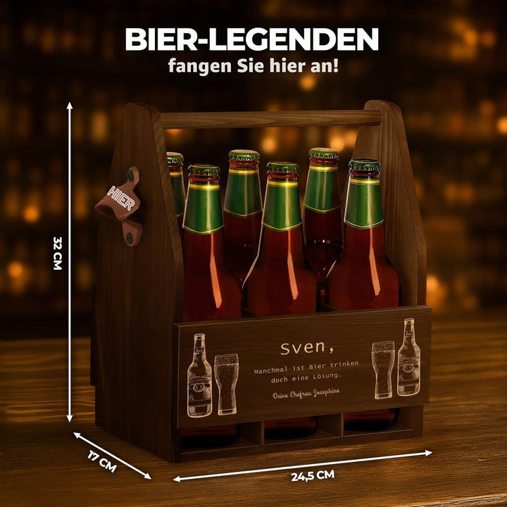 Maverton Bierträger für 6 Flaschen 0,5L + Gravur - Männerhandtasche mit Flaschenöffner - Grösse: 25x