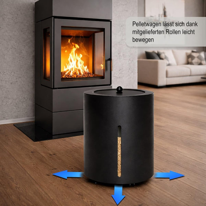 MS Beschläge Pelletsbox mit Rollen Pelletskorb rund ø 38cm Schwarz beschichtet Pelletseimer Pelletbe