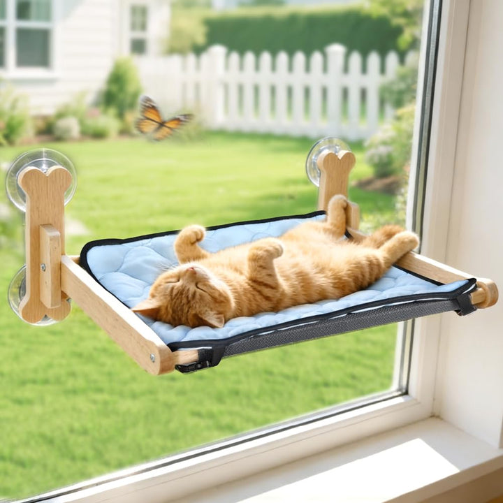 SZEE Katzen Fensterliege Massivholz mit Doppelseiten-Kissen (Ice Silk + Flanell), Katzen Hängematte