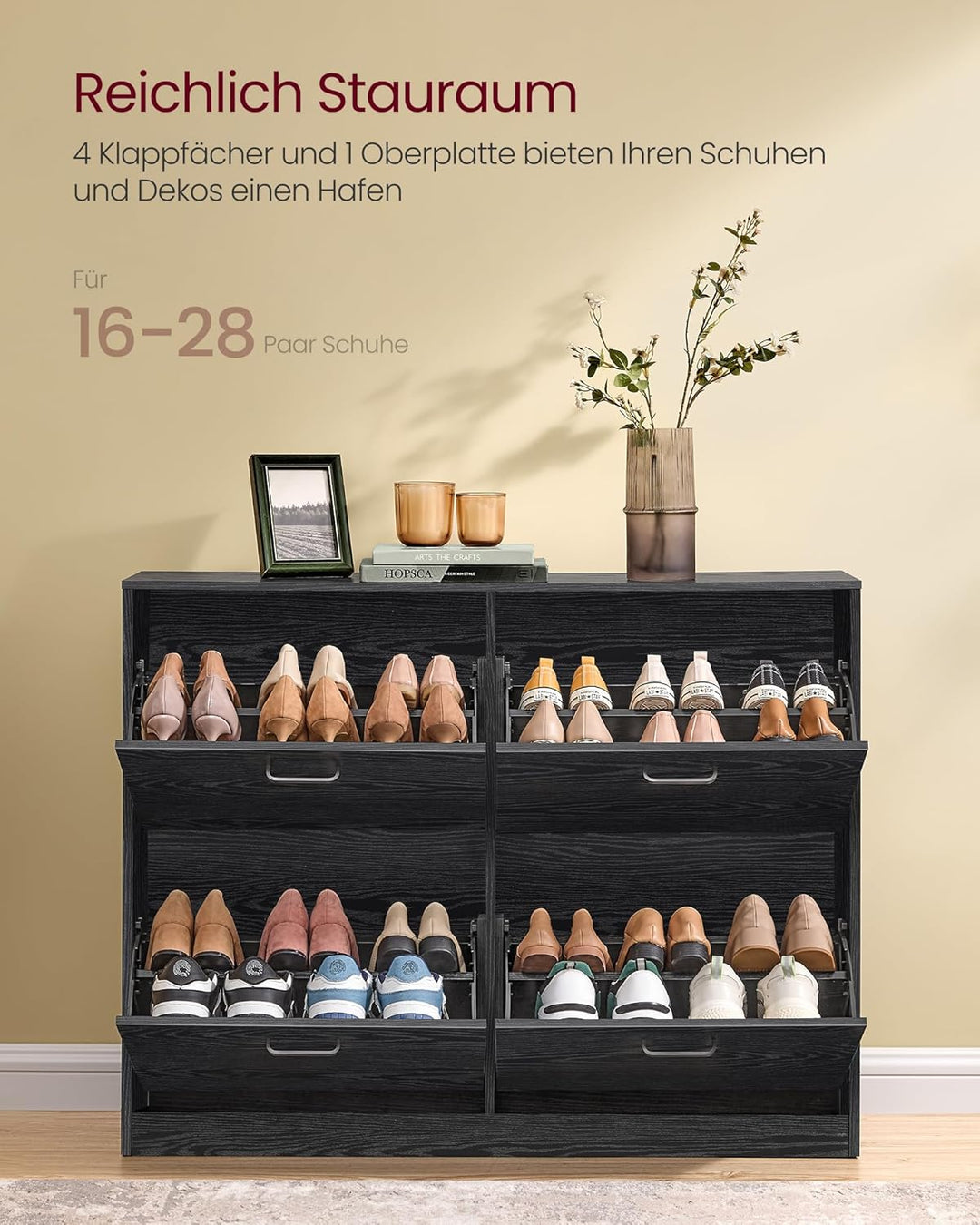 VASAGLE Schuhschrank 4 Klappen, Schuhkipper, Schuhregal, Schuhaufbewahrung, Trennwand verstellbar, f