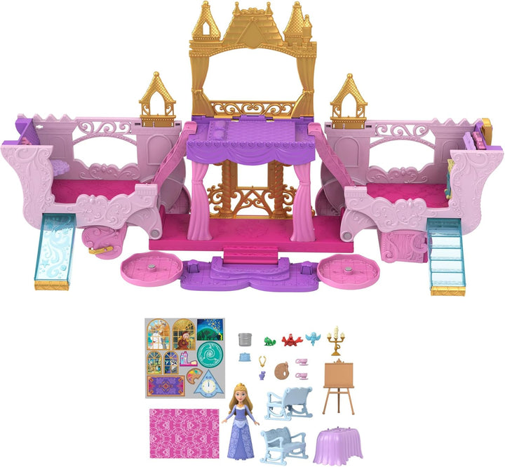 Mattel Disney Prinzessin Verwandlungs-Spielset Kutsche zu Schloss mit kleiner Puppe Aurora, 3 Ebenen