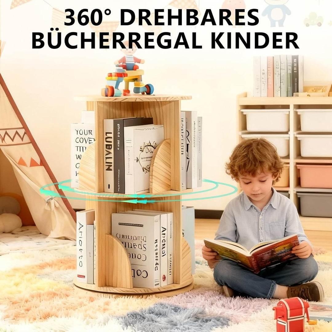 Mingone Bücherregal Kinder 360° Drehbar, 2-Ebenen Drehregal aus Massivholz, Standregal & Schreibtisc