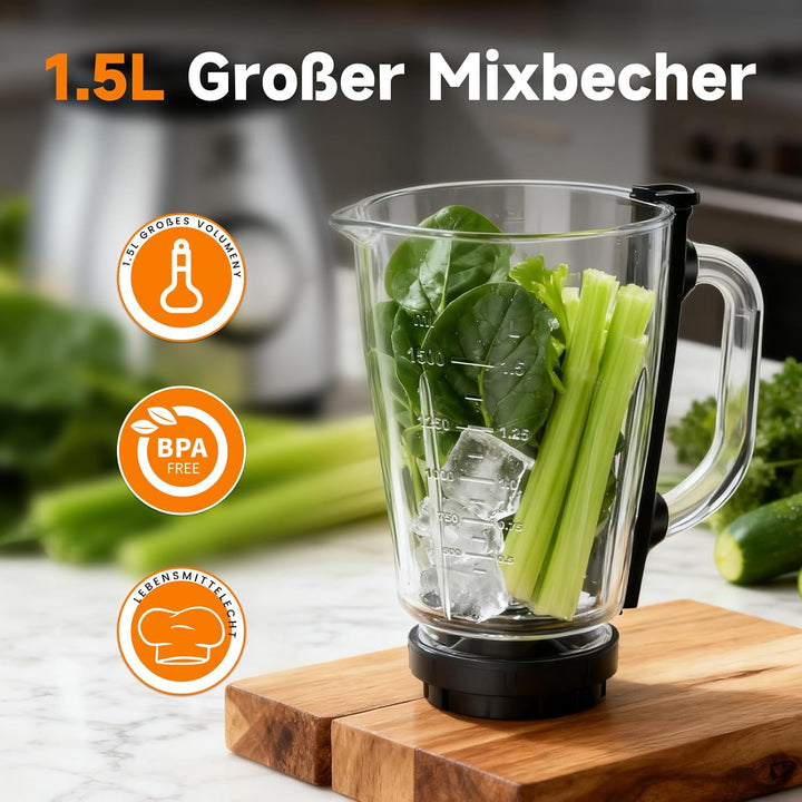 Standmixer 800W Hochleistungsmixer mit 1,5L Glasbehälter 2 Geschwindigkeitsstufen Plus Pulse Edelsta