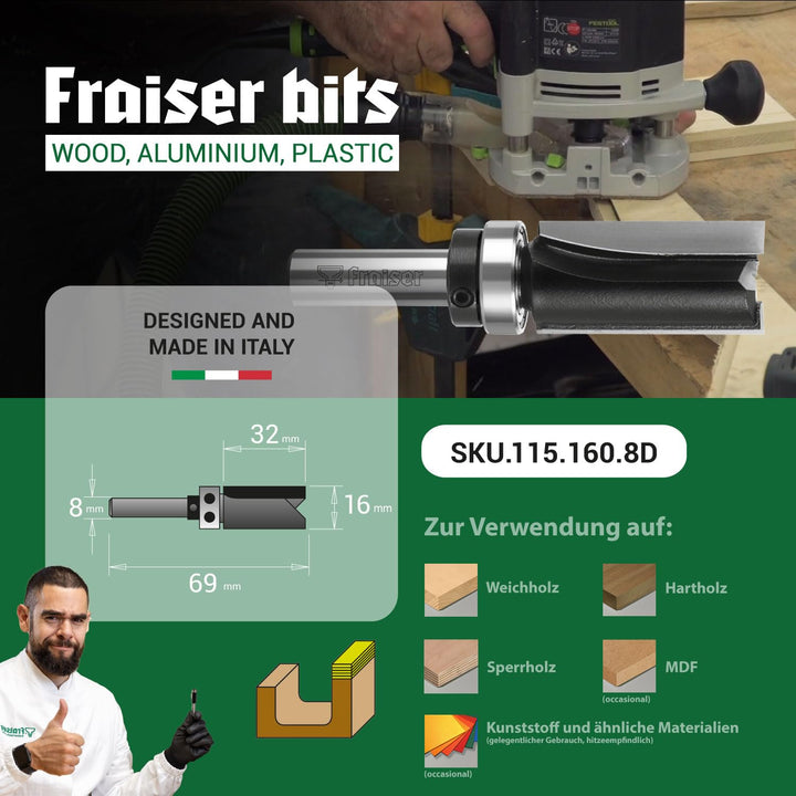Fraiser Kopierfräser / Bündigfräser mit Kugellager unten – 8 mm Schaft, 16 mm Durchmesser, Präzision
