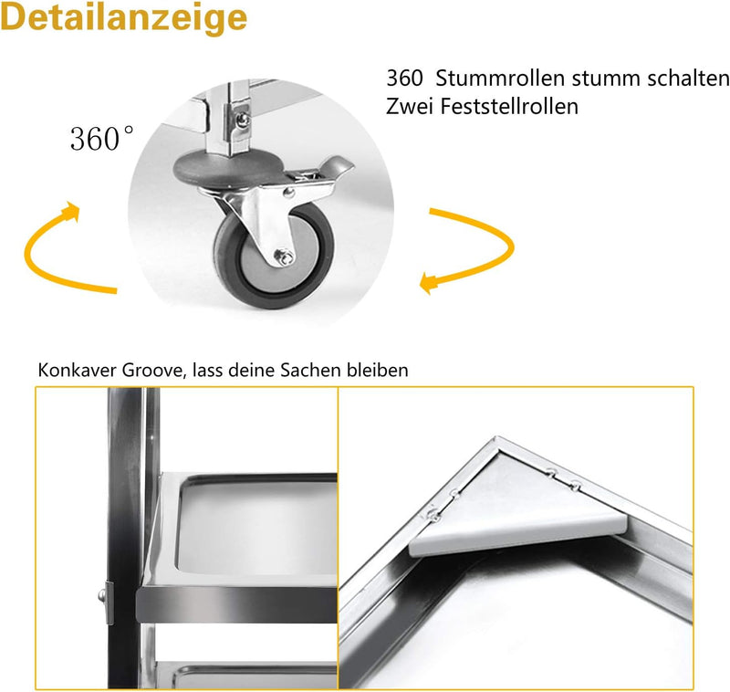 uyoyous Servierwagen Edelstahl 3 Böden Servierwagen mit Rollen Rollwagen Allzweckwagen küchenrollwag