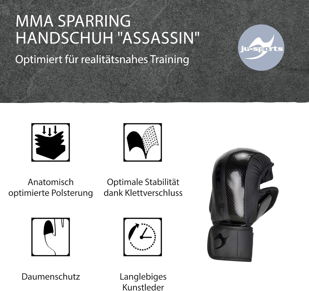 Ju-Sports Carbon MMA Handschuhe für Sparring Assassin schwarz, PU - Kampfsporthandschuhe mit Handrüc