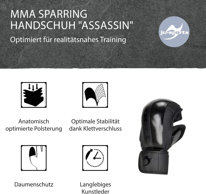 Ju-Sports Carbon MMA Handschuhe für Sparring Assassin schwarz, PU - Kampfsporthandschuhe mit Handrüc