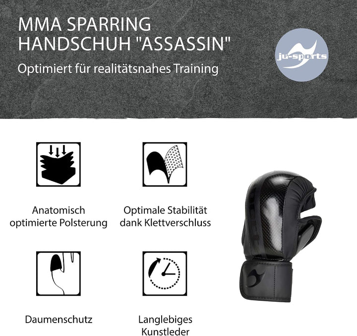Ju-Sports Carbon MMA Handschuhe für Sparring Assassin schwarz, PU - Kampfsporthandschuhe mit Handrüc