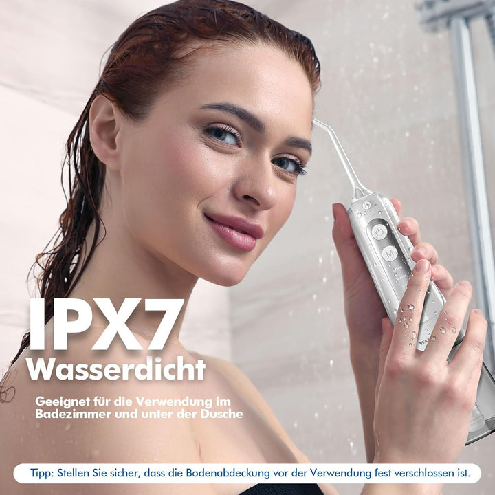 Munddusche Kabellos Elektrisch, Tragbarer Water Flosser mit 5 Modi & 4 Jet-Düsen, 300ML Wassertank,