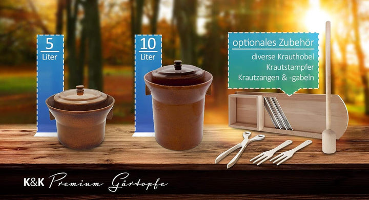 Kerazo Premium Gärtopf [Form 1] - 10.0 Liter aus hochwertiger Steinzeug Keramik inkl. Deckel und Ste